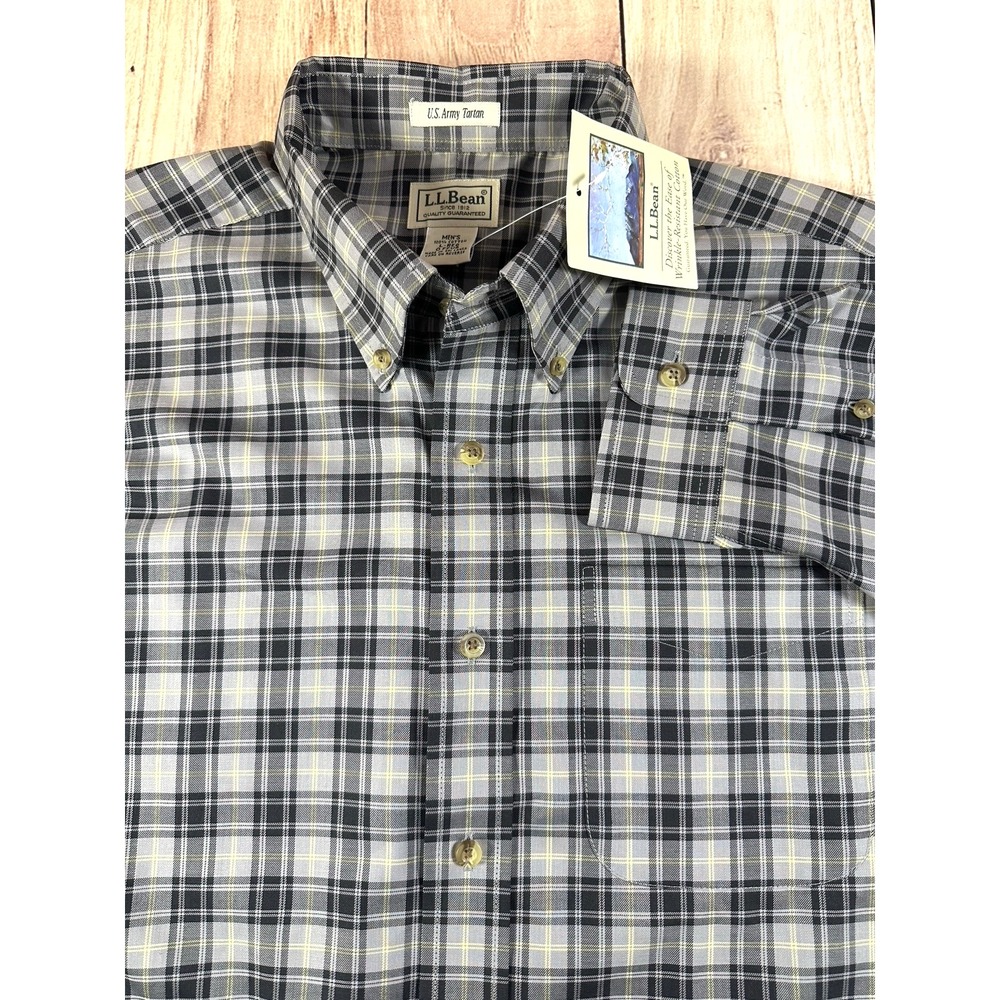 L.L.Bean Shirt Mens Plaid Button Down L Black Gray US Army Tartan Large NWT